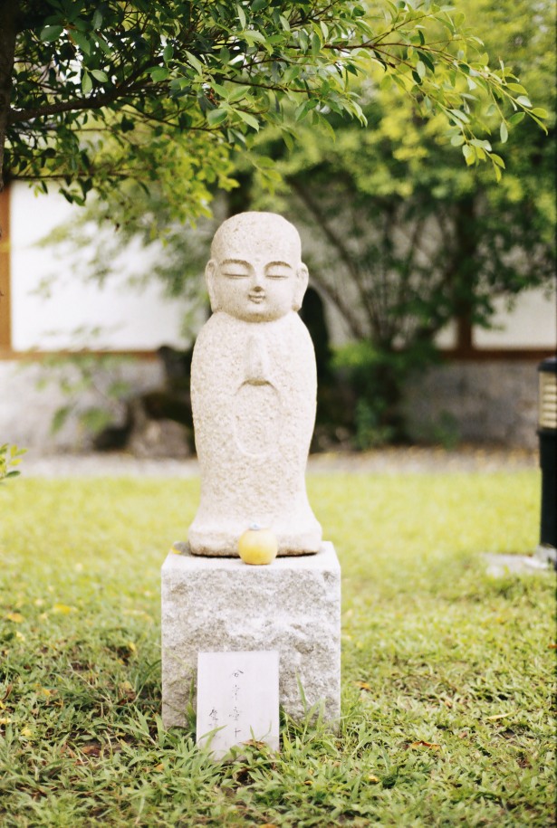a stone buddha statue sits in the grass
