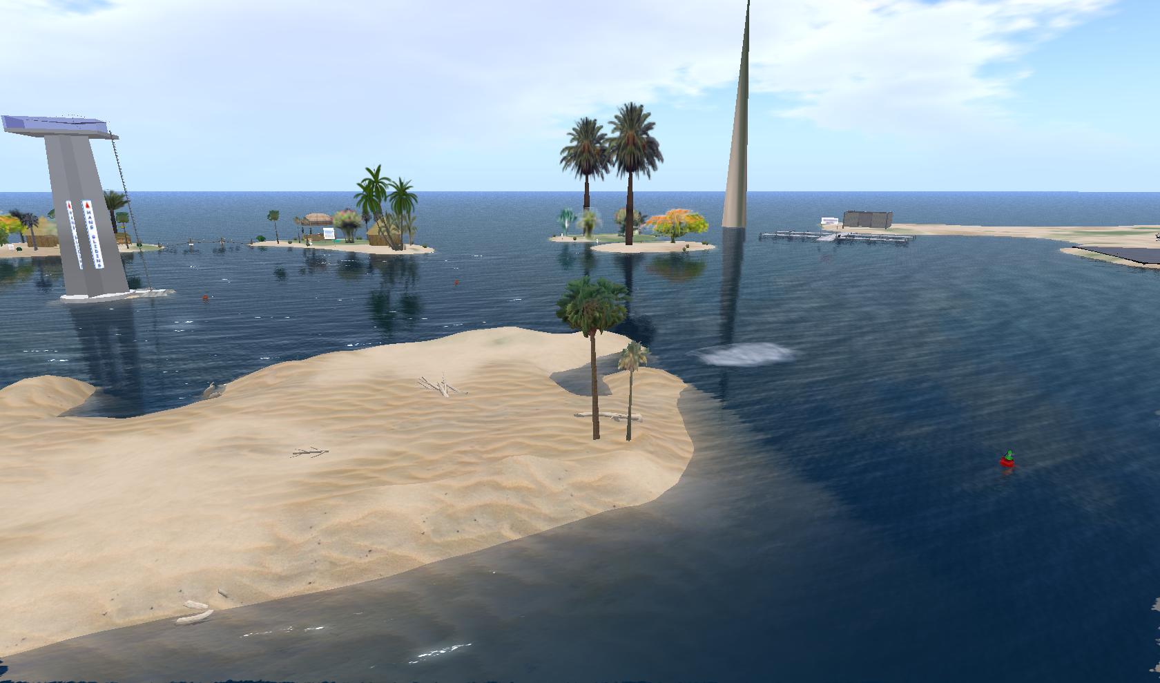 an island is surrounded by palm trees in a computer generated landscape