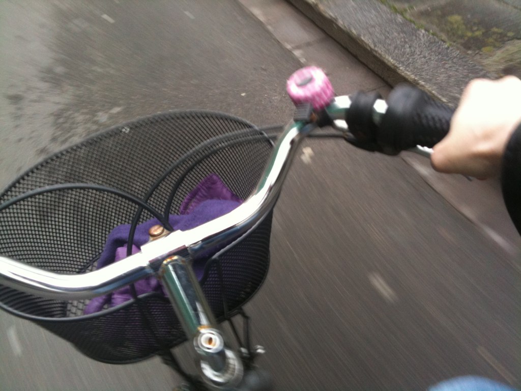 a person riding a bike with a basket attached to the front