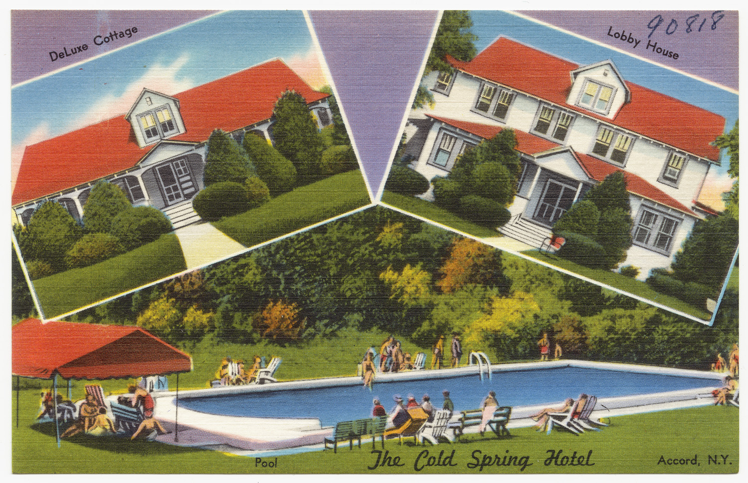an old postcard shows a pool and houses