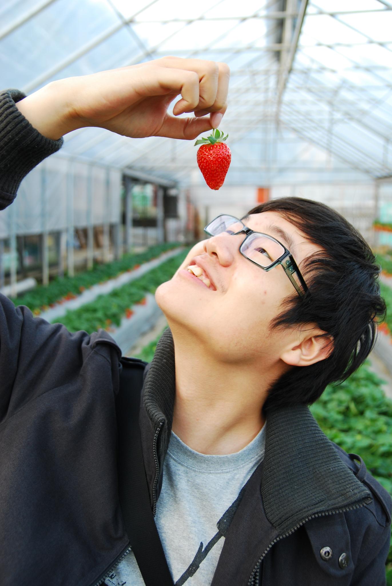 man holding onto a strawberry while standing inside of a greenhouse