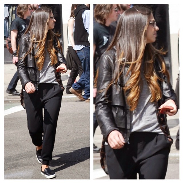 two pictures of a woman walking down the street, one has hair flowing through her ears