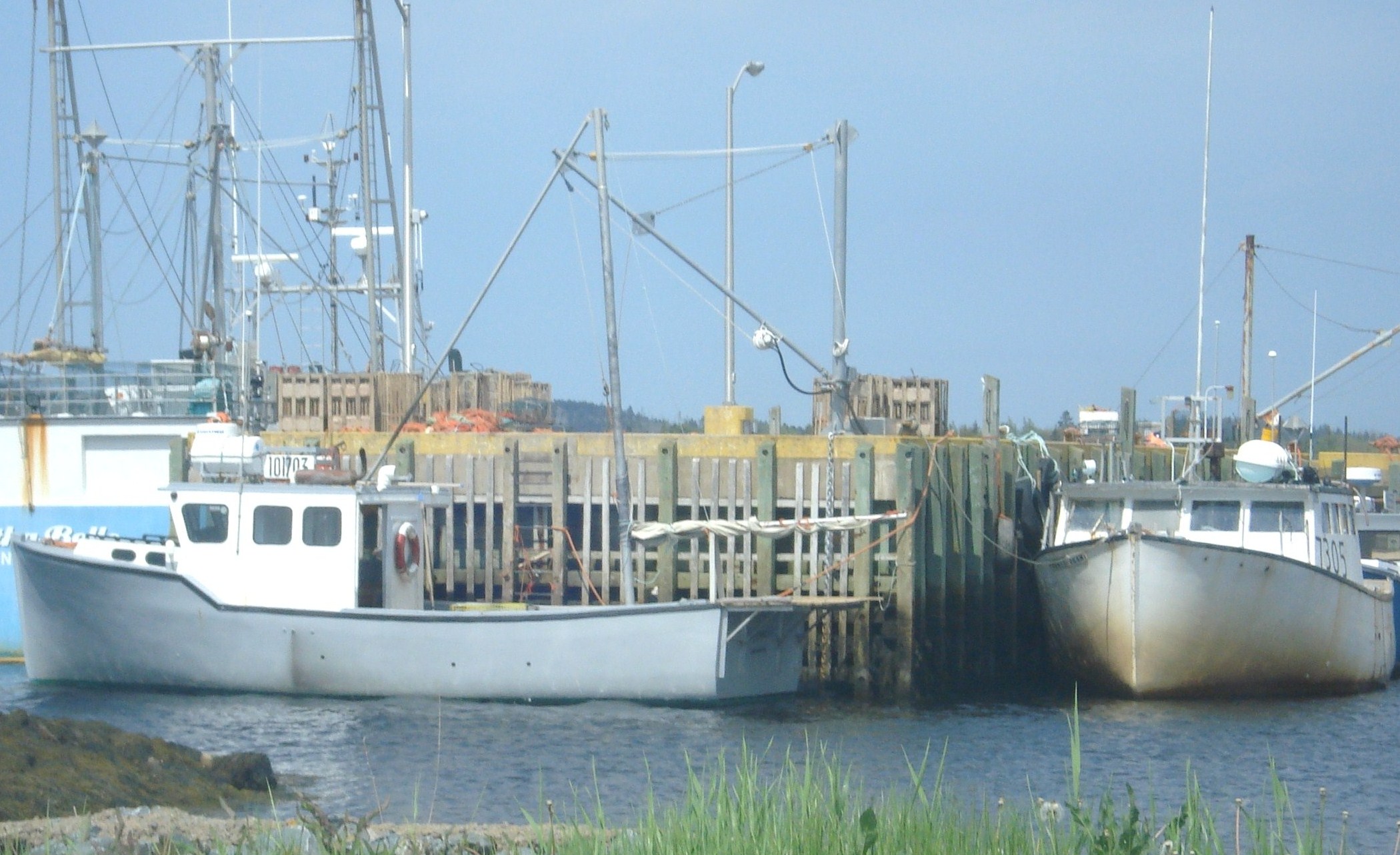 boats docked at a harbor near an industrial area