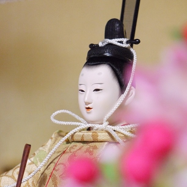 a woman doll standing next to flowers and holding a wooden stick