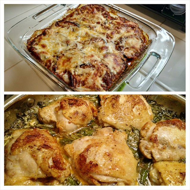 two pictures of chicken in a pot and one of them with cheese