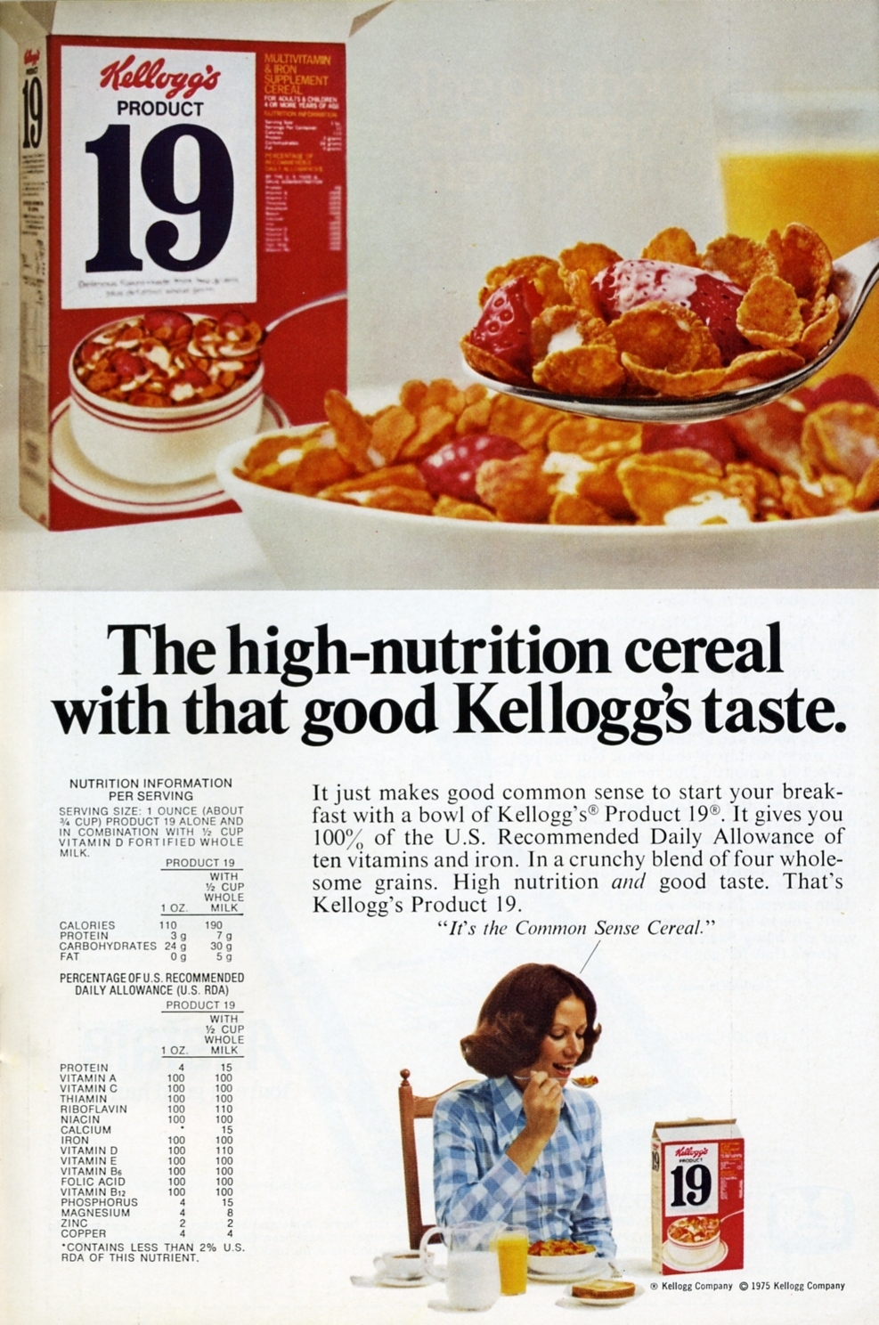 the advertit shows a woman sitting at a table with breakfast food and cereal