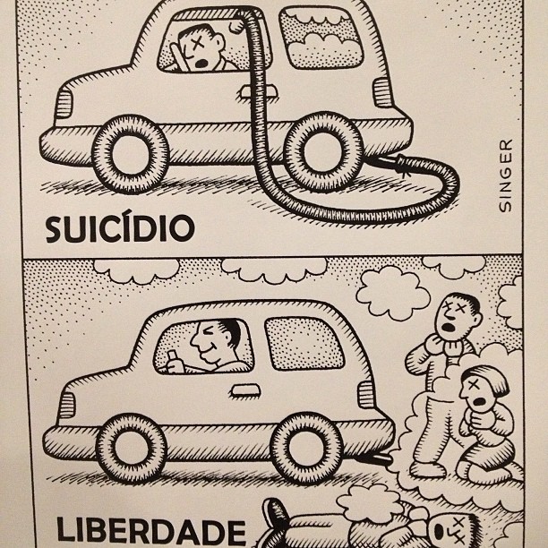 two black and white cartoons, a car with the words suicidio, and a teddy bear that is drinking from a water hose