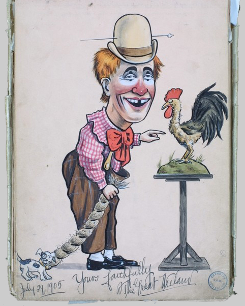 a drawing of a clown with chicken in a box