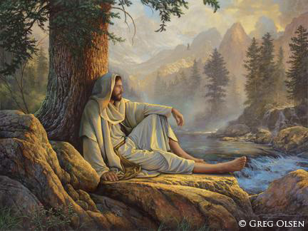 a painting of jesus sitting by a tree