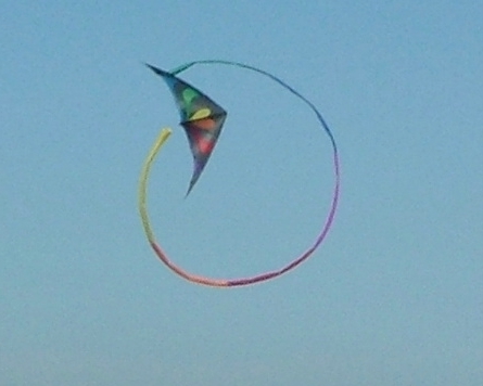 a colorful kite flying in the sky above people at the beach