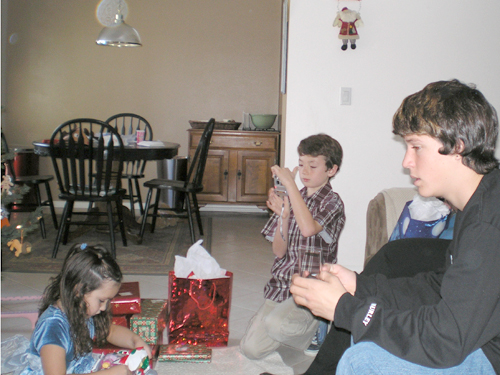 two boys and a girl in their living room playing wii