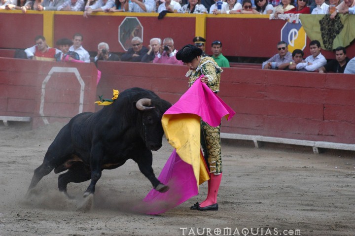 the spanish mata is attacking the bull in front of an audience