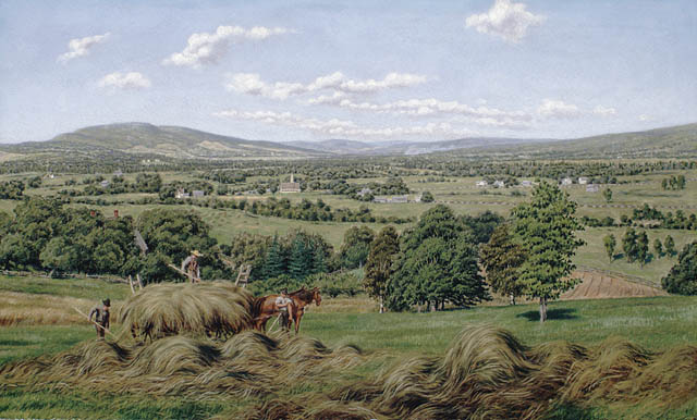 a painting of a landscape with a couple men with horses
