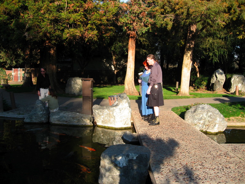 two people stand on a bridge near a pond