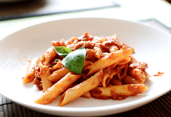 pasta with meat and sauce on a plate