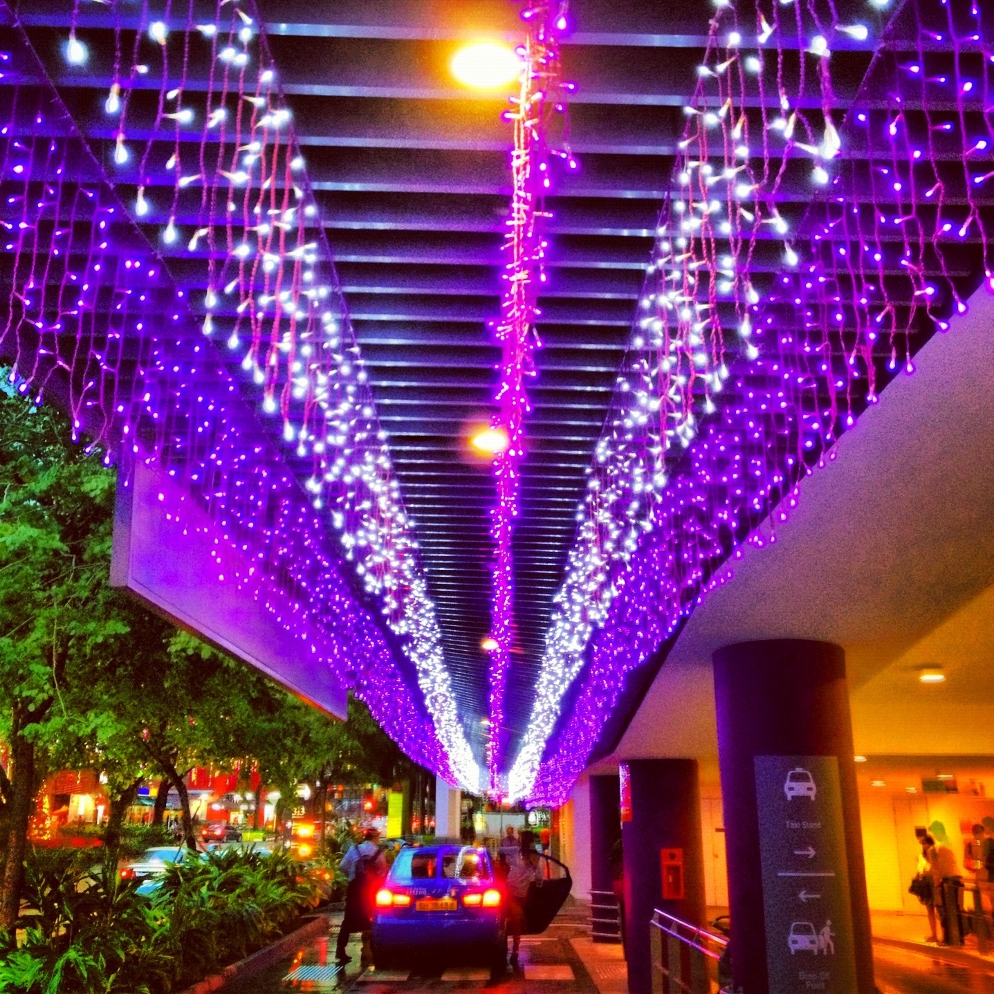 a city street filled with lots of purple lights