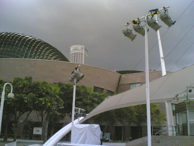 a building with a sky line over it and a large dome with a television set sitting on top