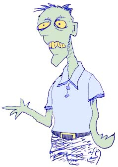 a zombie wearing a blue shirt and gray shorts