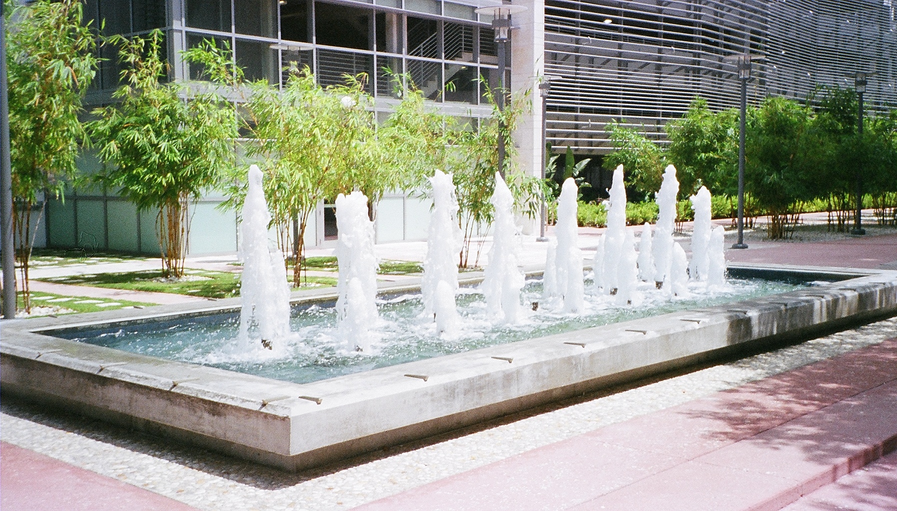 a fountain with water shooting out and trees