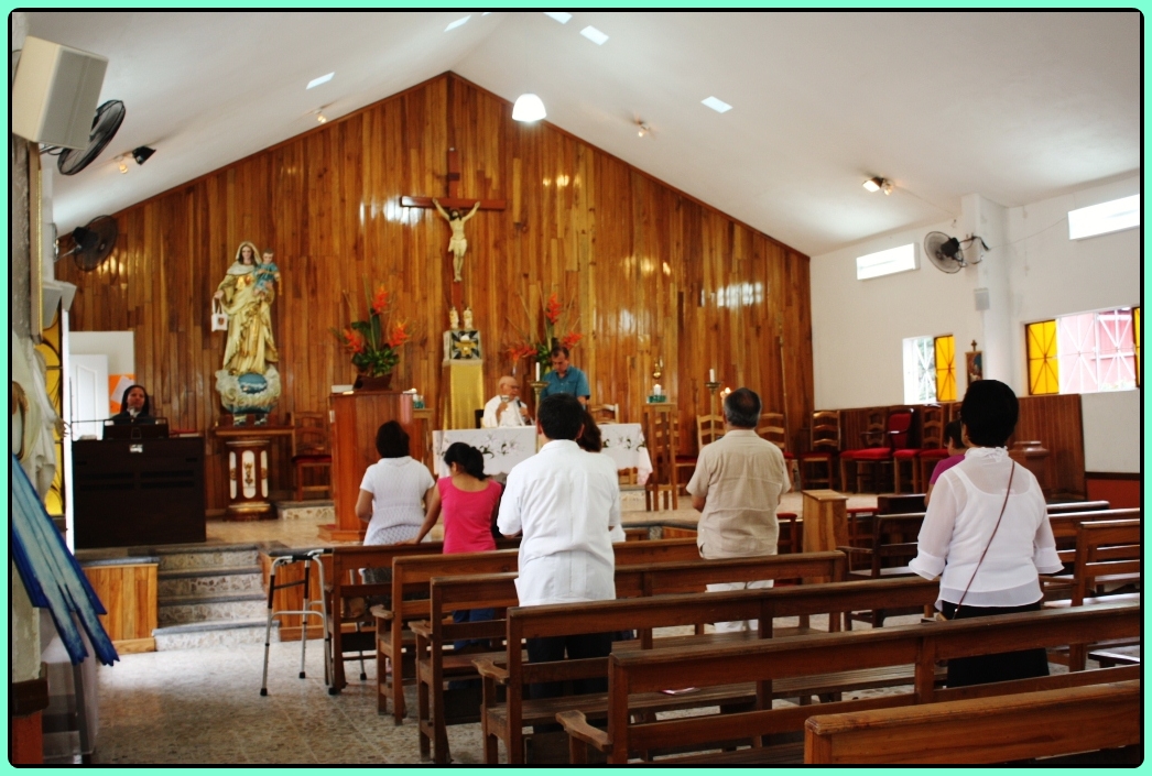 a group of people walking up to a alter