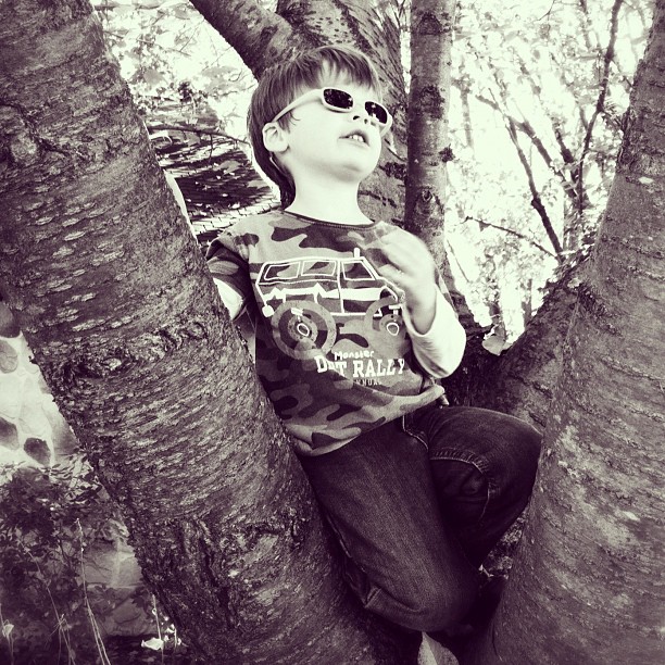 a  in glasses sits up against a tree
