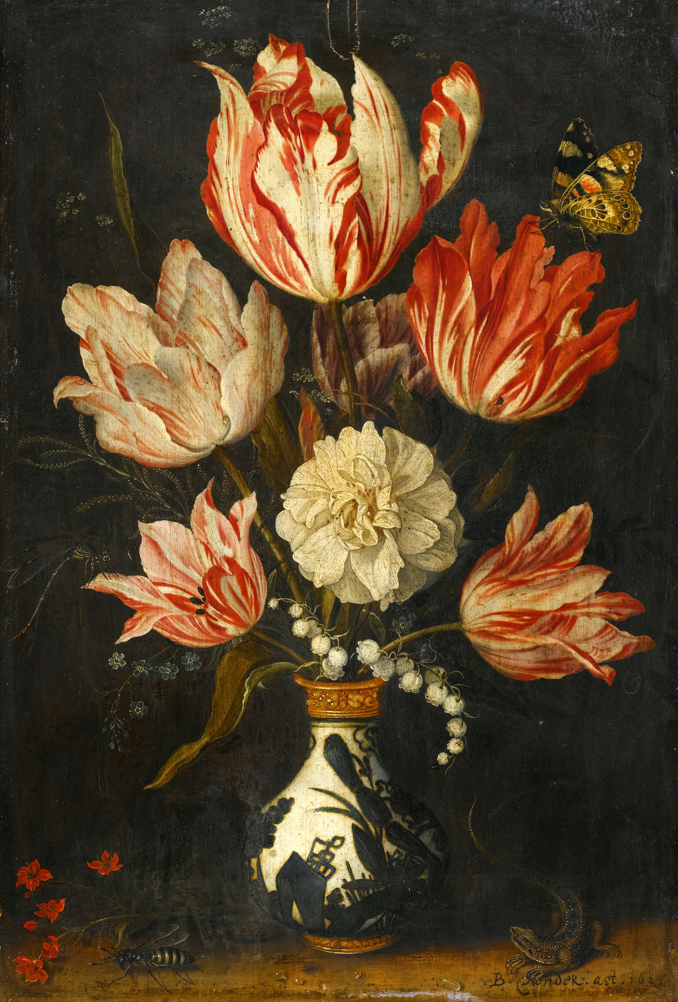 a still life of flowers in a vase with a erfly on the flower stem