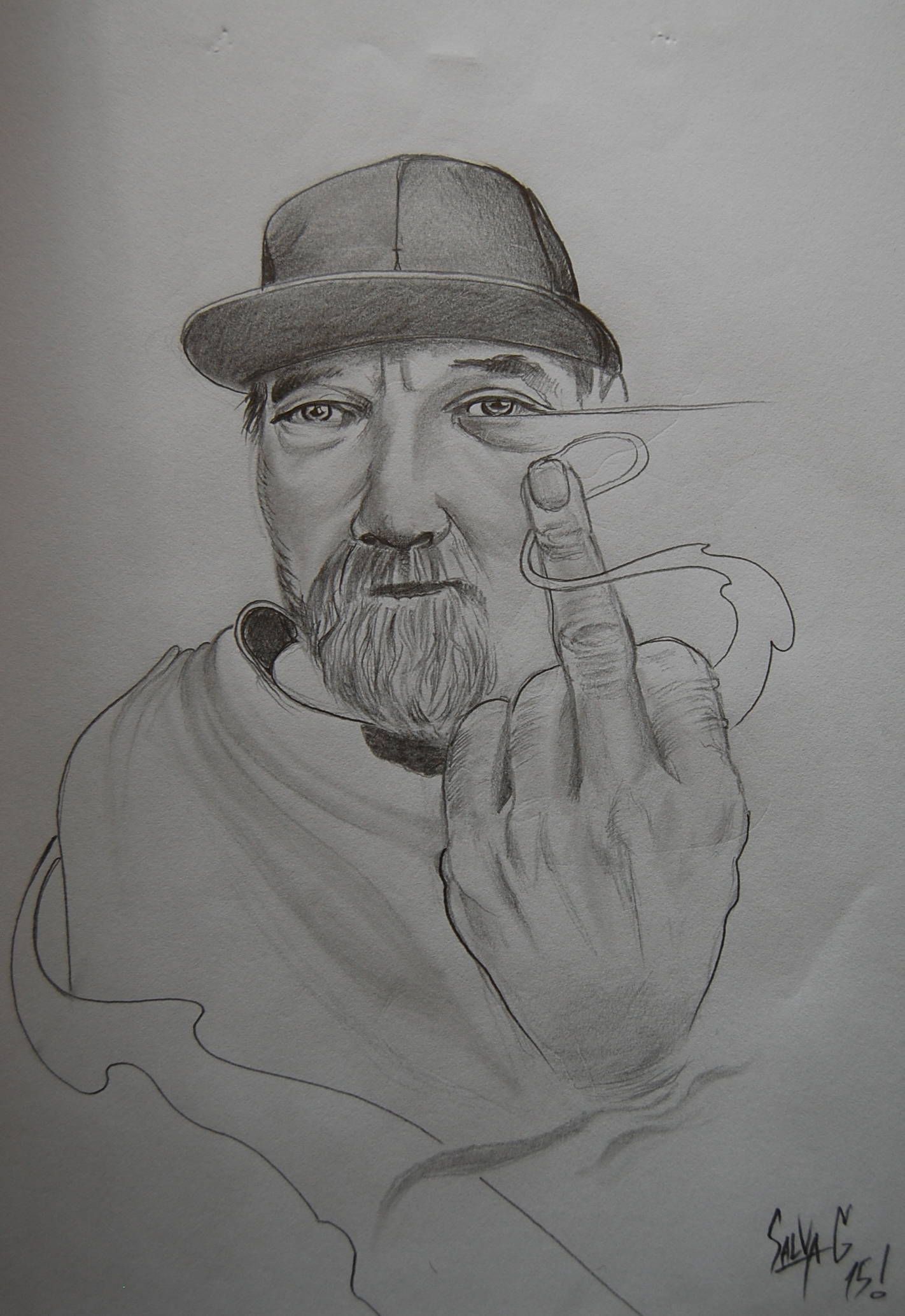 a drawing of a man smoking his cigarette