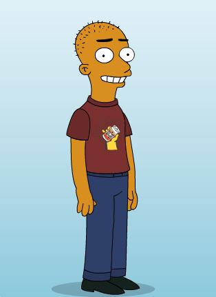 a person wearing blue jeans, and a t shirt with a simpsons character on it