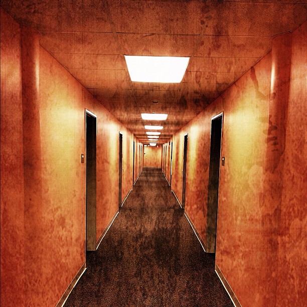 a large long hallway that leads into a room