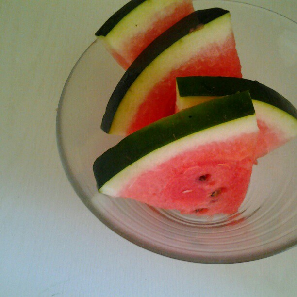 slices of watermelon and kiwi with some black line in bowl