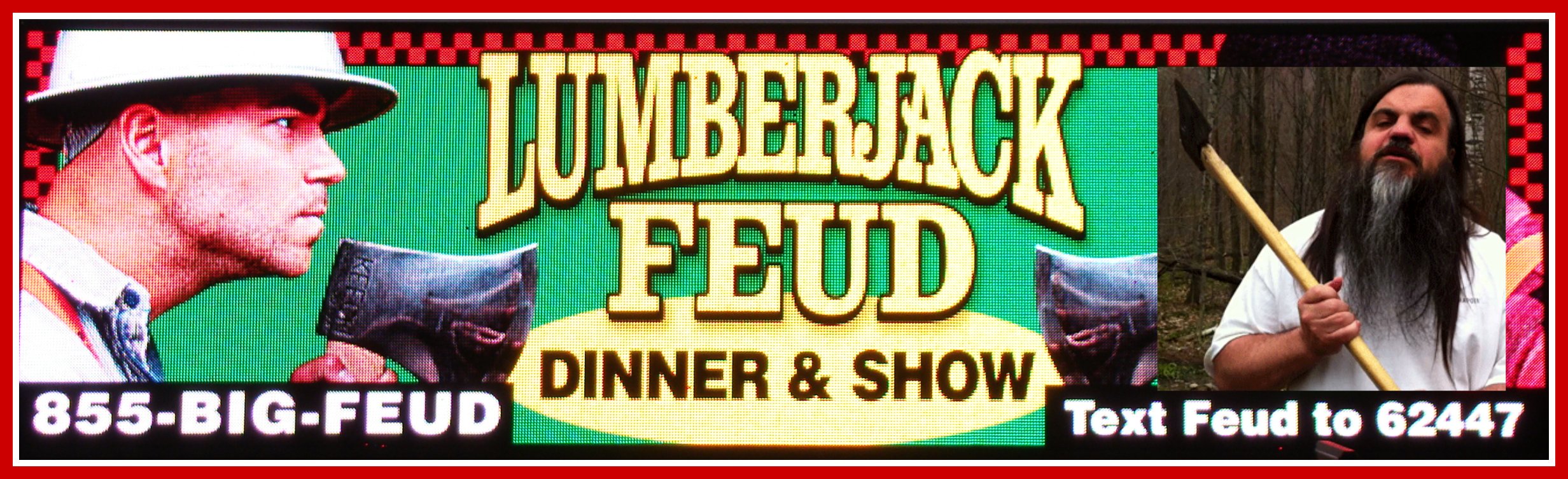 a sign advertises a dinner and show featuring an image of a man with long black hair