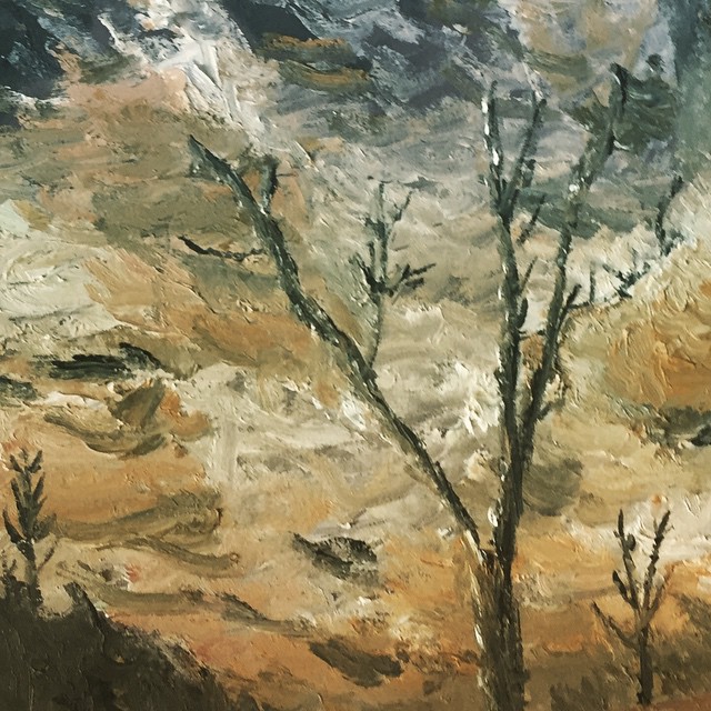 a painting of trees in an orange and gray field