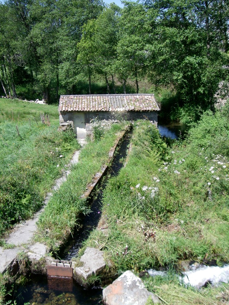 this is a stream in a field next to a building