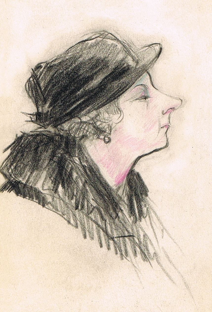an old black and white drawing of a woman in a hat