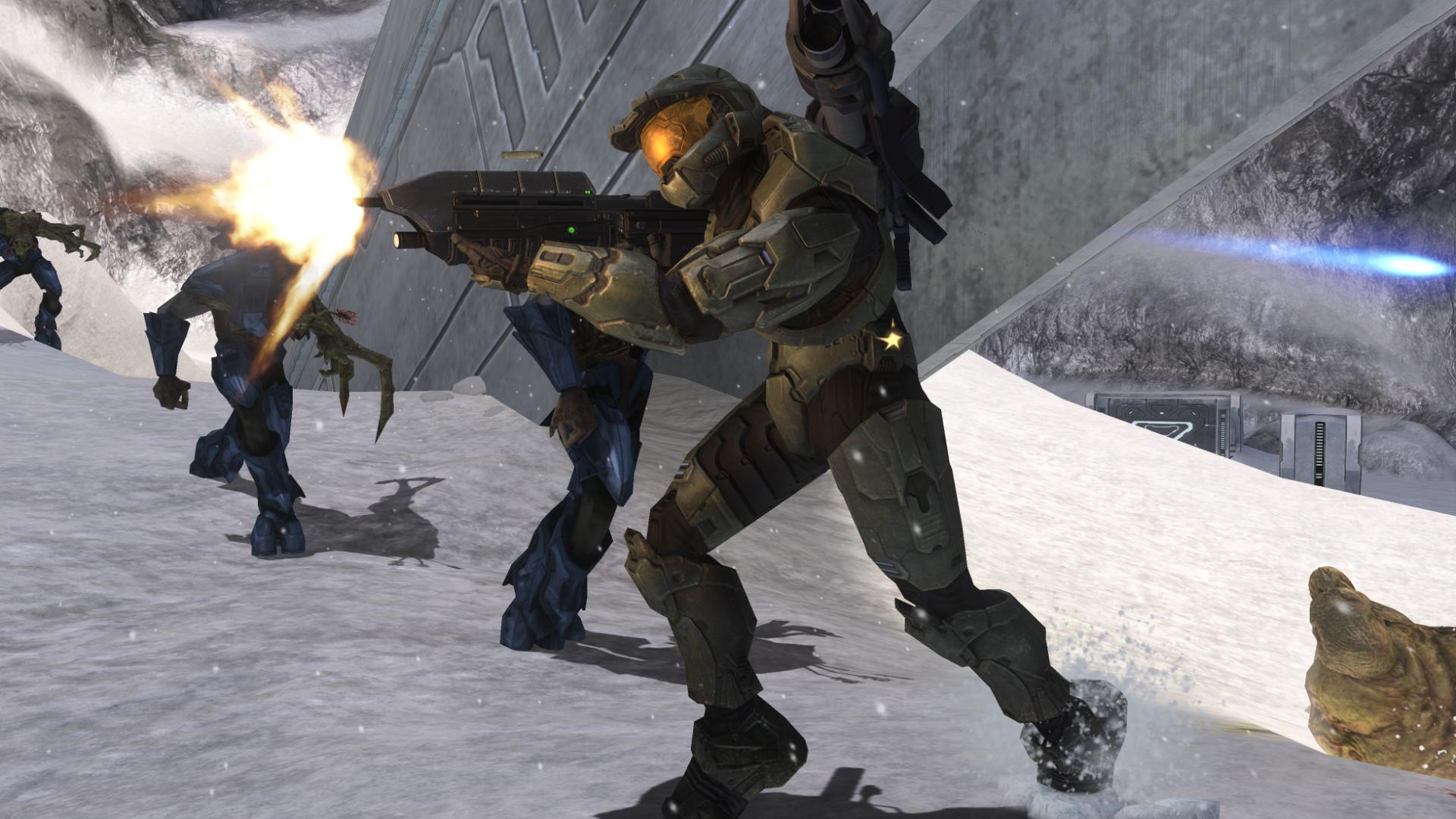 several futuristic characters in a snow covered scene