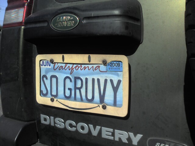 a license plate that reads so gruvy on the side of a car