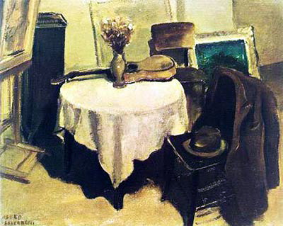 a drawing of a table with several chairs and vases
