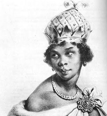 an antique drawing of a woman wearing a crown
