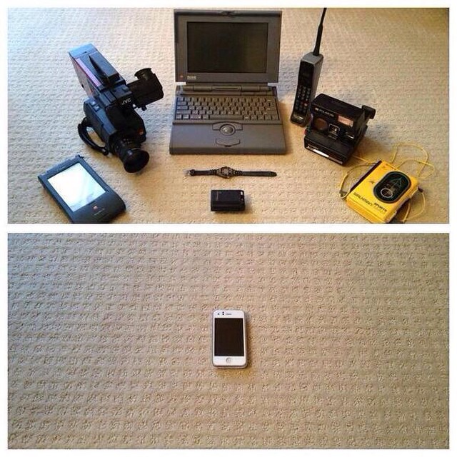 the camera, cell phone, and electronics are sitting on the floor
