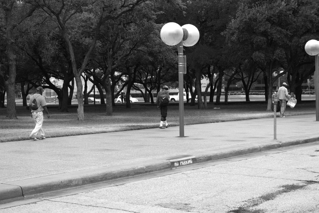 people walking down a sidewalk next to trees