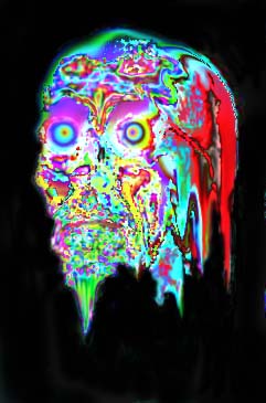 a colorful skull head in a dark background