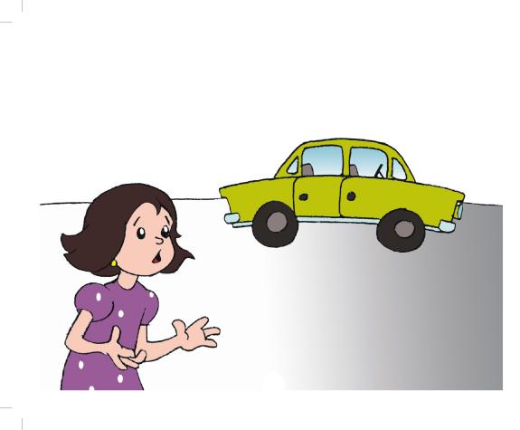 a yellow car in front of a woman in a purple dress