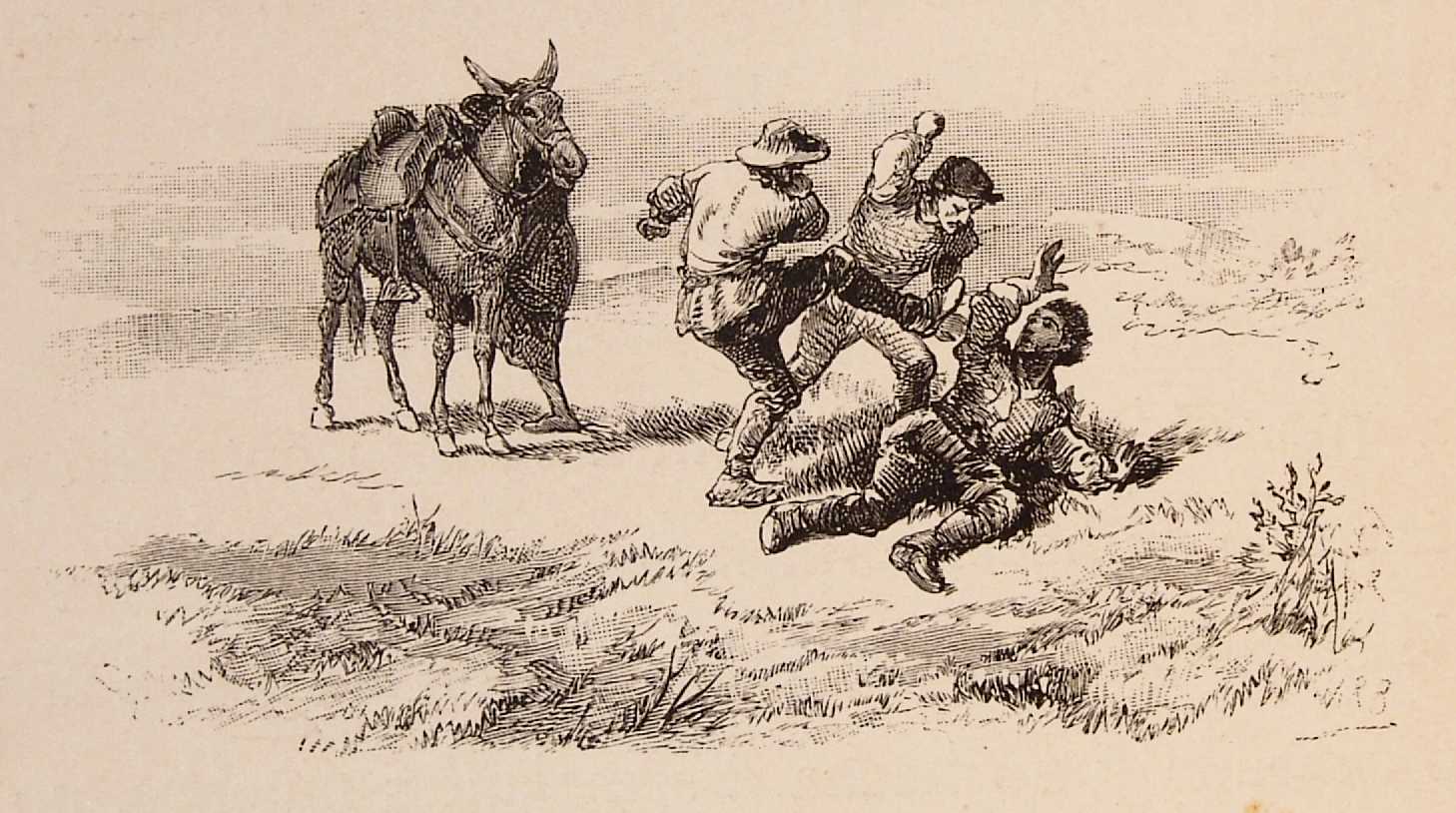 a drawing of three men on horses being chased by another man