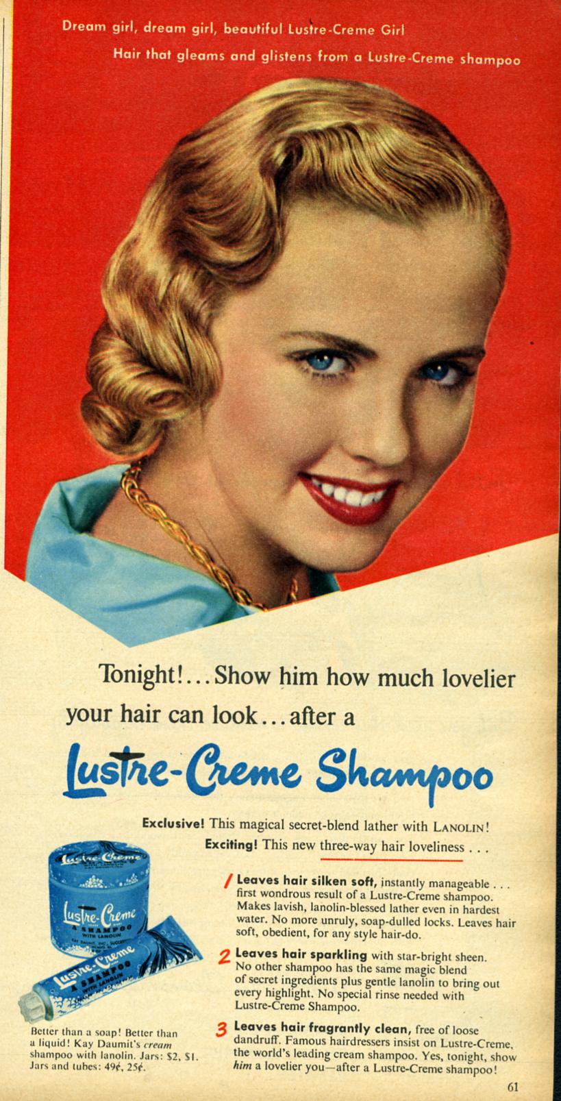a ad for latte - creme shampoo with a girl smiling and a magazine ad in the background
