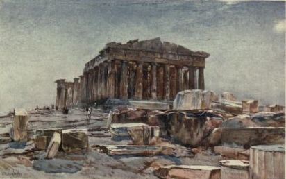 an impressionist painting of ruins and stone