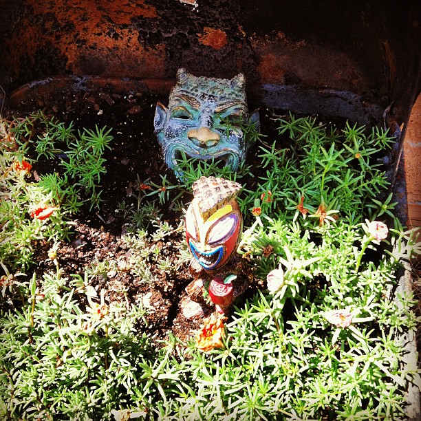 two masks sit in a garden planter on the ground