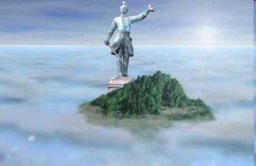 a statue standing on top of a green island