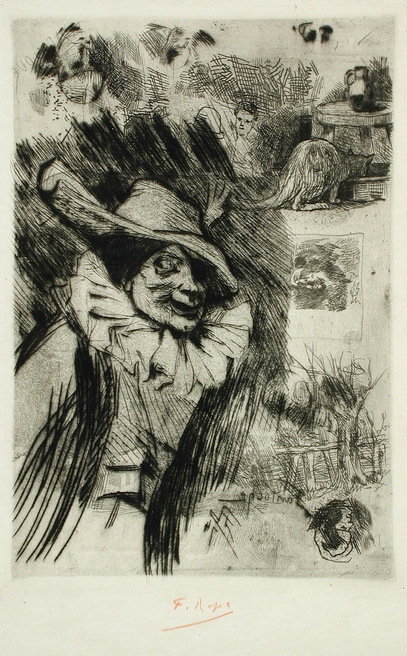 a drawing of an old woman wearing a hat