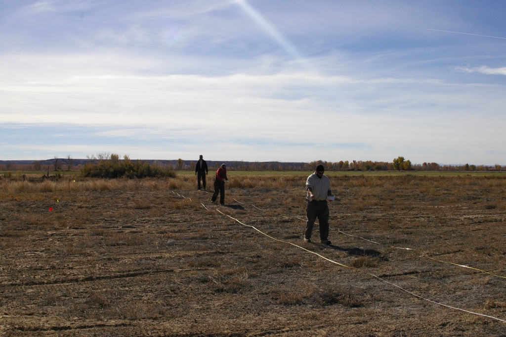 four people on a field with a sky in the background