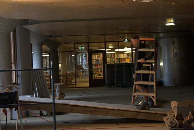 there is a ladder holding a man with books in the building
